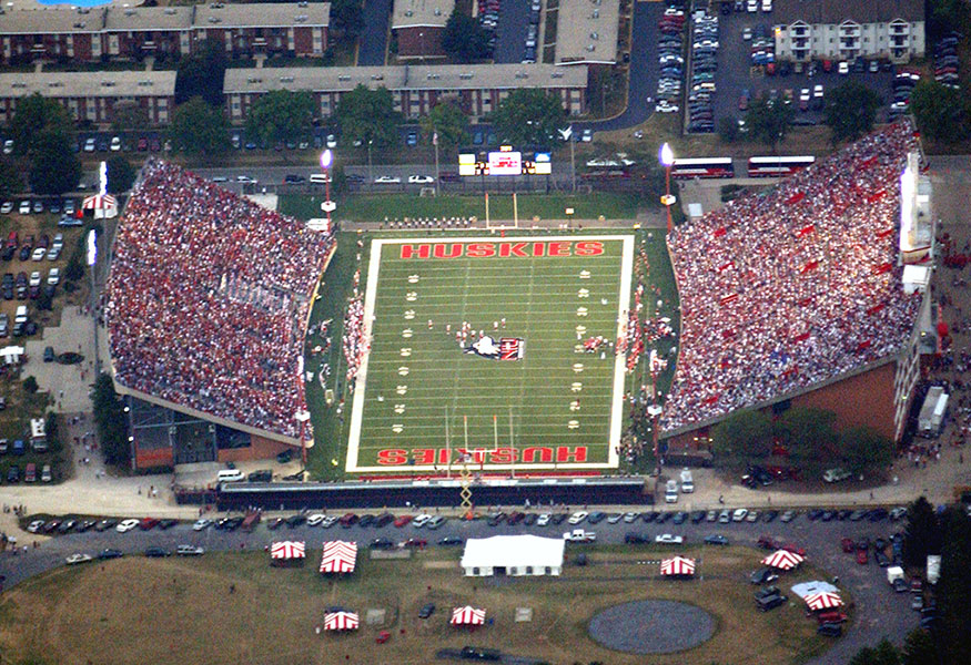 Aerial view of Huskie Stadium on a packed game day at Northern Illinois University